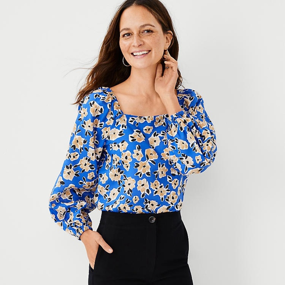 Ann Taylor Tall Floral Square Neck Puff Sleeve Top NWT size M